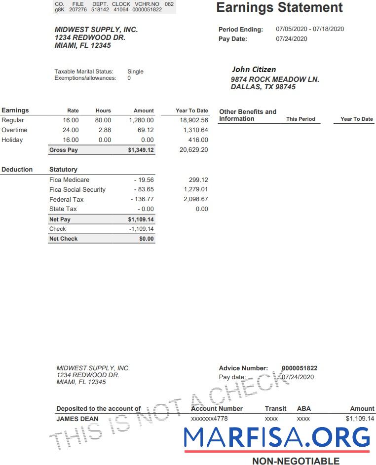 Printable USA Midwest supply inc earning statement real example